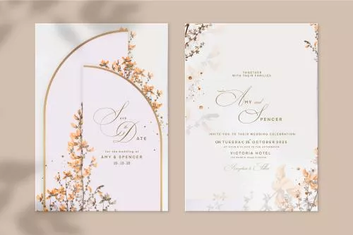 قالب رایگان فتوشاپی کارت دعوت عروسی با زمینه سفید و اشکال هندسی و جای متن برای نوشتن به همراه حاشیه گل فایل psd لایه باز 21384