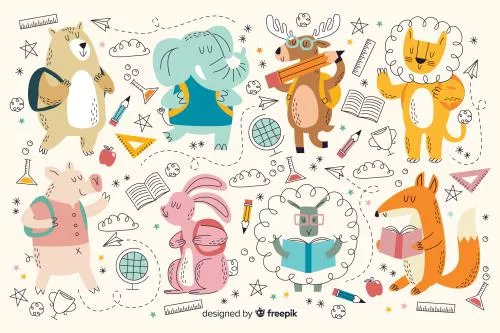 وکتور کودکانه حیوانات در حال رفتن به مدرسه شامل شیر و خرس و فیل و گوزن و خرگوش و خوک و روباه فایل EPS و Ai لایه باز 21412