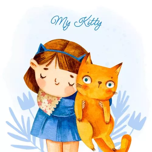 وکتور کودکانه گربه و دختر آبرنگی فایل EPS و Ai لایه باز 21414