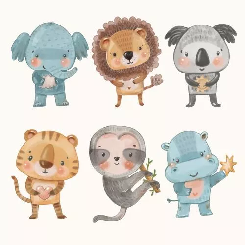 وکتور کودکانه حیوانات شامل فیل و شیر و کوالا و ببر و میمون و اسب آبی فایل EPS و Ai لایه باز 21416