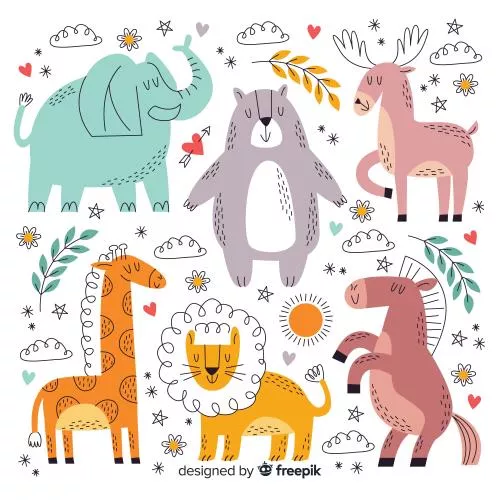 وکتور کودکانه و نقاشی خطی حیوانات شامل فیل و خرس و گوزن و زرافه و شیر و اسب فایل eps و ai لایه باز 21417