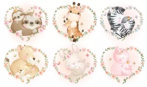 وکتور کودکانه حیوانات مادر و فرزند شامل تنبل و زرافه و گورخر و شیر و خرگوش و خوک فایل eps لایه باز 21418