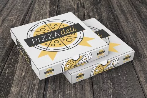 موکاپ رایگان فتوشاپ جعبه پیتزا و فست فود فود مناسب برای ارائه لوگو و نماد رستوران ها فایل psd لایه باز 21426