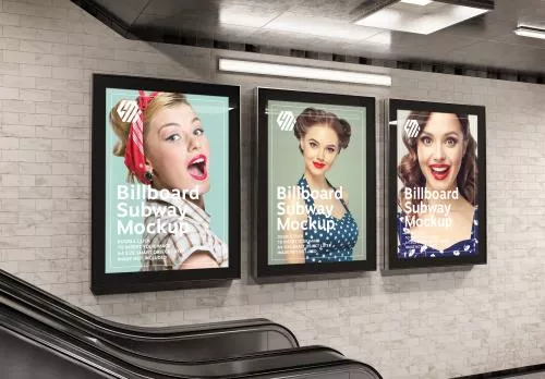 موکاپ فتوشاپ بیلبورد خیابانی در مترو با نورپردازی فایل psd لایه باز 21435