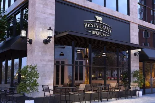 موکاپ psd آرم و لوگوی رستوران با نمای بیرون رستوران فایل psd فتوشاپ 21437