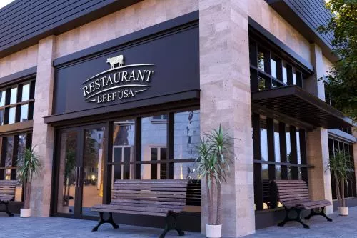 موکاپ psd آرم و لوگوی رستوران با نمای بیرون رستوران فایل psd فتوشاپ 21438