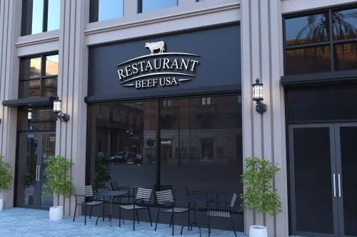 موکاپ رایگان فتوشاپ جهت نمایش آرم و لوگو رستوران و کافه شامل نمای بیرونی رستوران فایل PSD لایه باز 21449