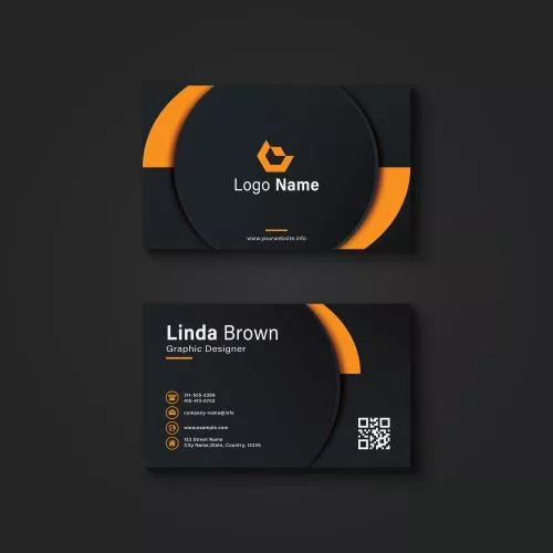 وکتور EPS لایه باز کارت ویزیت لاکچری مشکی و نارنجی شامل المان های تزئینی به همراه جای لوگو و نام برند و اطلاعات شخصی و QR کد 21498