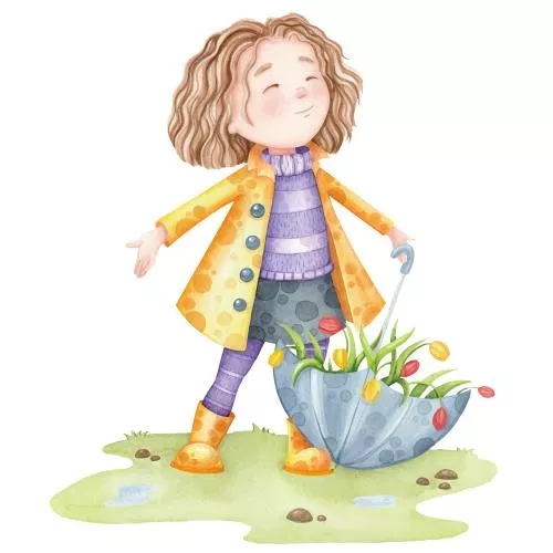 وکتور EPS دختر بامزه با بارانی زرد و گل های لاله 26423