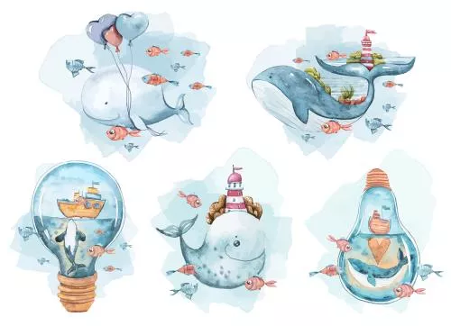 مجموعه وکتور های کارتون نهنگ های آبرنگی دست ساز بامزه 26424