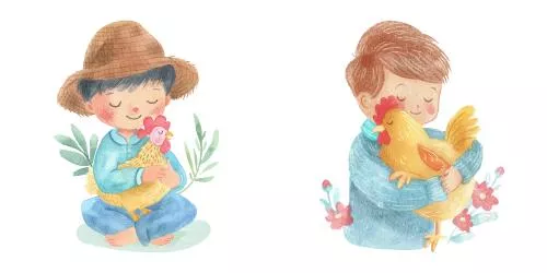 وکتور EPS کودک بامزه با مرغ - وکتور آبرنگی 26426