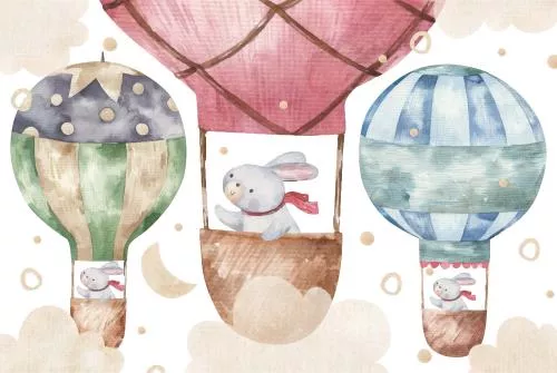 وکتور EPS خرگوش بامزه با بادکنک های رنگی - تصویر آبرنگی کودکانه با پس زمینه سفید رایگان 26429