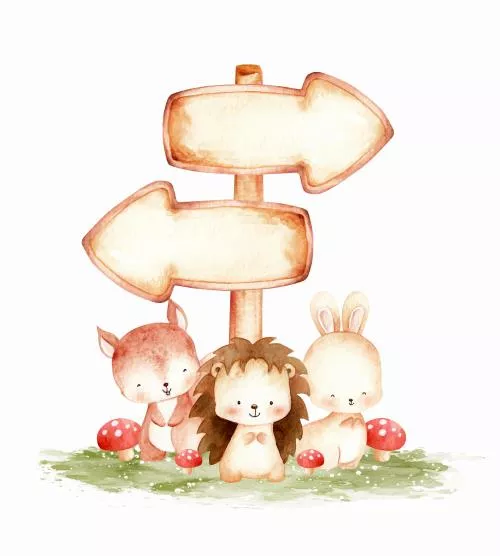 وکتور EPS تصویرسازی آبرنگی حیوانات بامزه جنگل با تابلو چوبی 26436