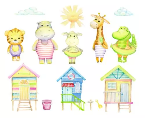 وکتور EPS مجموعه آبرنگی خانه های ساحلی و حیوانات پلنگ - اسب آبی - گورخر - زرافه - کروکودیل 26448