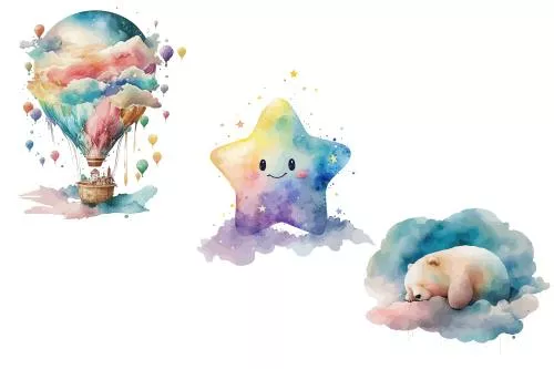 وکتور EPS حیوانات و بالن هوای گرم شامل خرس خوابیده و ابر و ستاره به سبک آبرنگ - وکتور ایزوله رایگان 26455