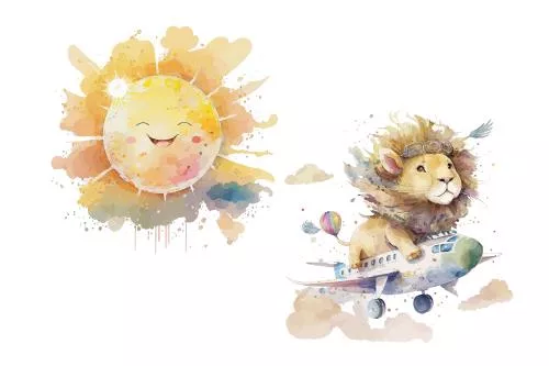 وکتور EPS مجموعه حیوانات شامل شیر با تاج روی سرش و هواپیما و خورشید به سبک آبرنگ - وکتور ایزوله رایگان 26456