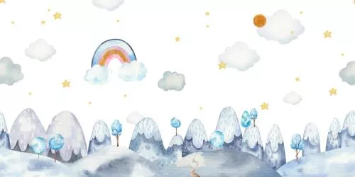 وکتور EPS طرح حاشیه بدون درز با منظره کوهستان و ابر و درختان و رنگین کمان‌ و ابرها - وکتور رایگان 26457