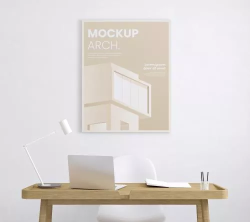 موکاپ فتوشاپ تابلوی هنری و معماری روی دیوار سفید به همراه میز مطالعه لپ تاپ و چراغ مطالعه فایل PSD لایه باز 21525