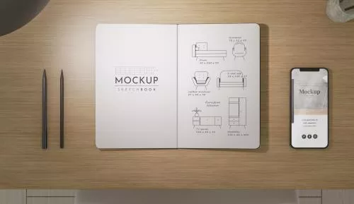 موکاپ PSD لایه باز فتوشاپ دفتر روی میز به همراه موبایل و مداد 21527