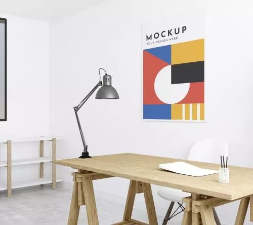 موکاپ PSD لایه باز فتوشاپ تابلو روی دیوار اتاق به همراه میز کار و چراغ مطالعه 21530