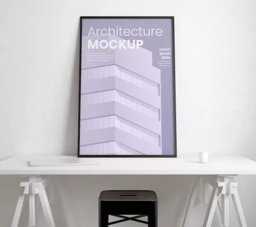 موکاپ رایگان PSD لایه باز فتوشاپ تابلو روی میز سفید رنگ 21531