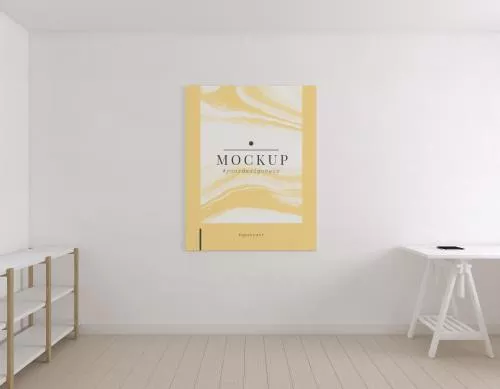 موکاپ تابلو رایگان با نمای اتاق با تم سفید فایل PSD لایه باز 21542