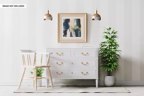 موکاپ رایگان PSD قابل عکس با نمای اتاق از دور در کنار گلدان و میز و چراغ مطالعه فایل فتوشاپ لایه باز 21560