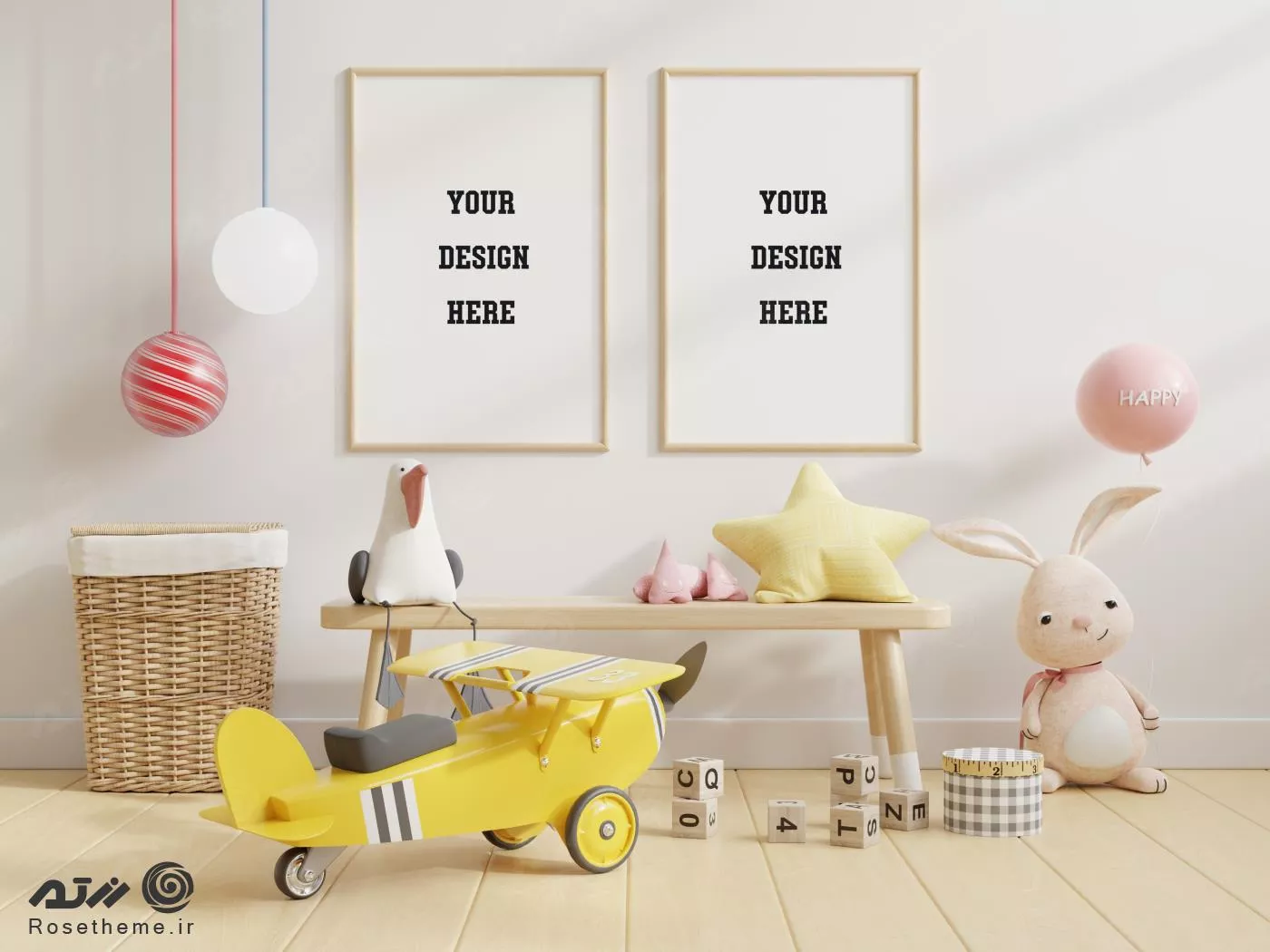 موکاپ رایگان دو قاب عکس رئال کودکانه با نمای اتاق کودک به همراه اسباب بازی و عروسک فایل PSD لایه باز 21563