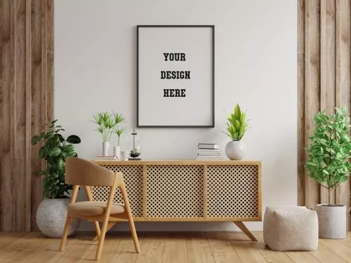 موکاپ رایگان قاب عکس با نمای دور از اتاق و همراه گلدان ، میز ، پرده و کتاب فایل PSD لایه باز 21572