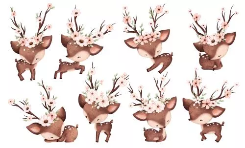 وکتور مجموعه تصویرسازی آبرنگی و کارتونی از گوزن ها و گل ها فایل EPS لایه باز 21573