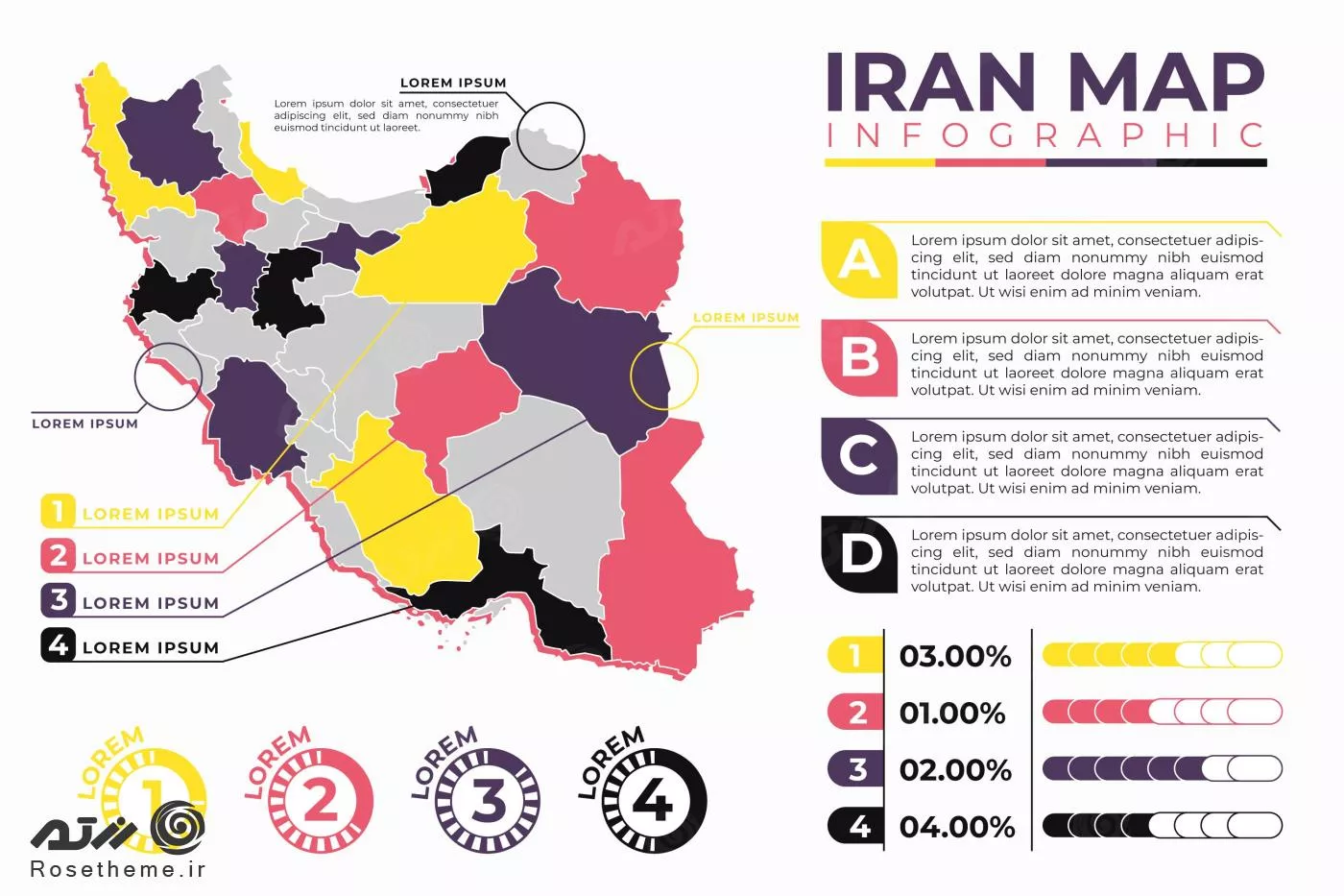 نقشه اینفوگرافیک ایران به رنگ های سرخ آبی و زرد و مشکی به همراه نمودار فایل EPS و Ai لایه باز 21587