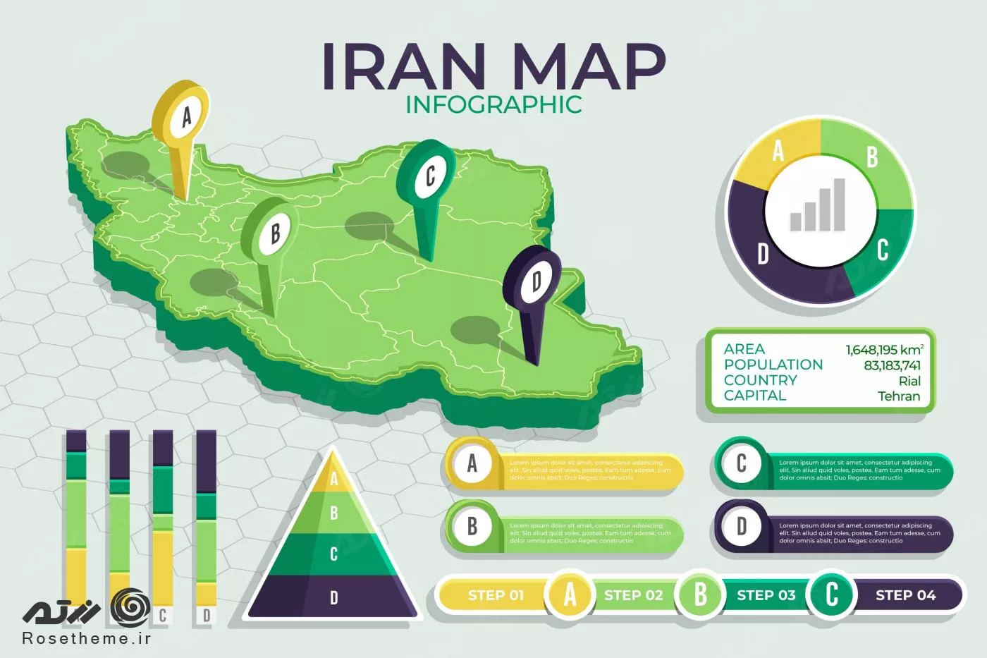 نقشه اینفوگرافیک رایگان ایران با تم سبز به همراه نمودار فایل EPS و Ai لایه باز 21591