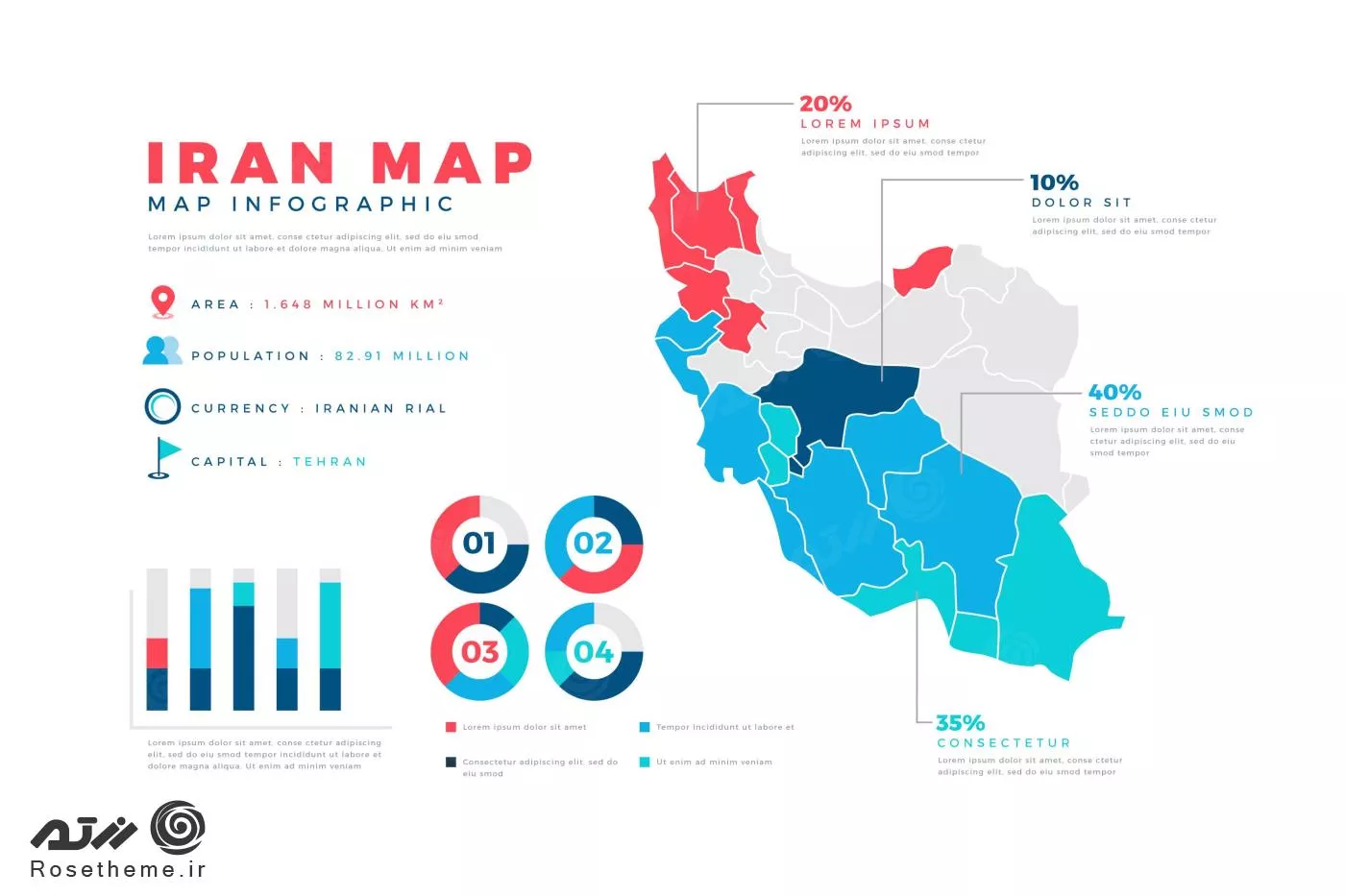 نقشه اینفوگرافیک ایران با استان ها به رنگ آبی و قرمز و سبز و همراه نمودار فایل EPS و Ai لایه باز 21597
