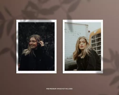 موکاپ PSD لایه باز عکس با حاشیه سفید روی دیوار به همراه سایه برگ (عکس شامل فایل نیست)  21619