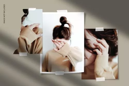 موکاپ PSD لایه باز3 عکس چسب زده شده روی دیوار به همراه سایه(عکس شامل فایل نیست) 21621