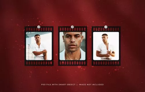 موکاپ PSD لایه باز3 قاب عکس نگاتیو به روی دیوار (عکس شامل فایل نیست)  21625