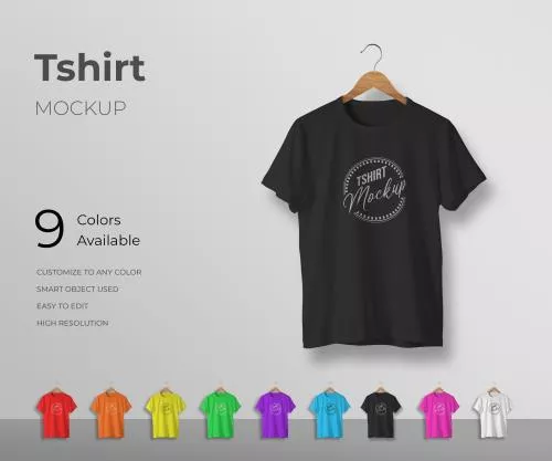 موکاپ تیشرت با 9 رنگ متفاوت و لوگو و طرح قابل ویرایش فایل PSD 20934
