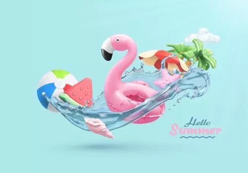 وکتور کارت سه‌بعدی جشن تابستانی با اسباب‌بازی بادی فلامینگو، هندوانه، درختان نخل، صدف فایل EPS 20937