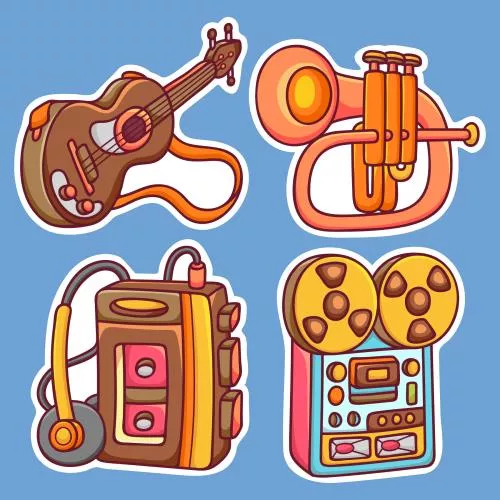 وکتور لایه باز EPS طرح گرافیکی و کارتونی انواع سازهای موسیقی (آلات موسیقی) شامل گیتار و ضبط صوت 20948