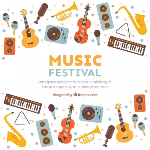 وکتور لایه باز EPS و Ai پوستر یا بنر طرح گرافیکی و کارتونی انواع مختلف سازهای موسیقی و کادر برای نوشتن 20954