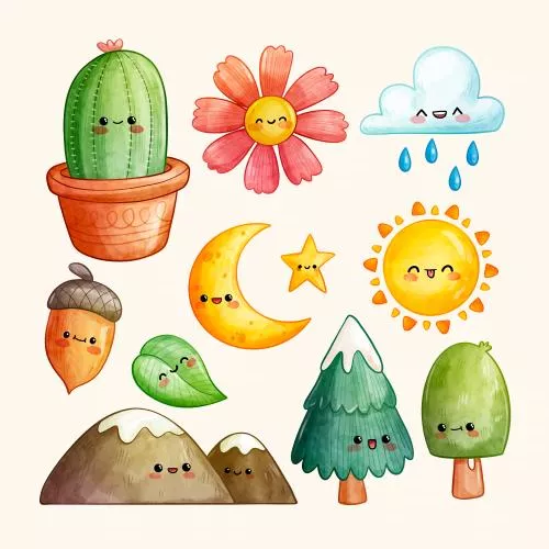 مجموعه وکتور های آبرنگی کودکانه کاراکترهای طبیعت فایل EPS و Ai 21004