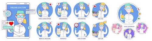 وکتور EPS دکتر زن دانشمند در حالات و موقعیت‌های مختلف به سبک مینیمال کارتونی 26522