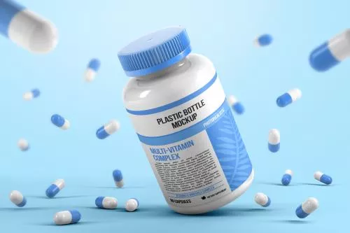 موکاپ بطری قرص در حال سقوط فایل PSD لایه باز 21099