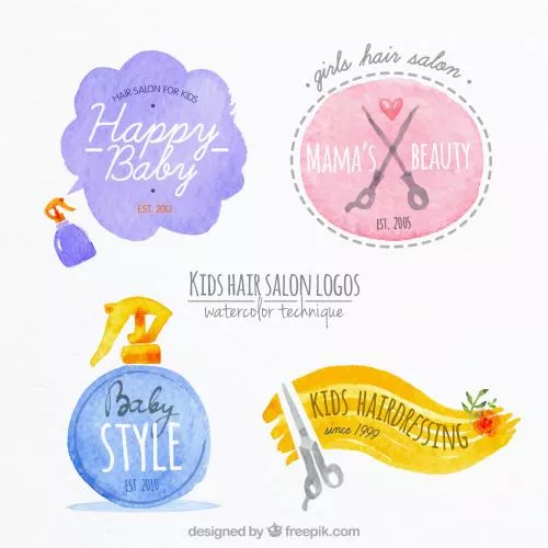لوگوی کودکانه آرایشگاه با آبرنگ شامل آبپاش و قیچی فایل وکتور EPS و Ai 21057
