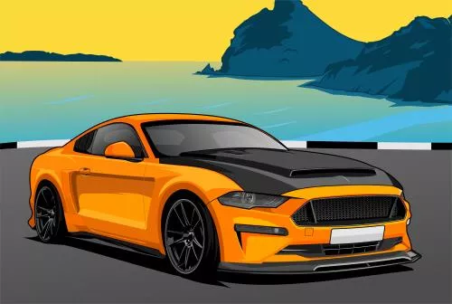 وکتور EPS لایه باز ماشین اسپرت به رنگ نارنجی و مشکی با پس زمینه ای از دریا 21073