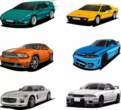 وکتور EPS لایه باز 6 ماشین اسپرت به رنگ آبی و زرد و سبز و سفید و نارنجی 21080