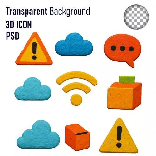 فایل PSD مجموعه آیکون سه‌بعدی با ابر، وای‌فای، چت، جعبه هشدار 29874