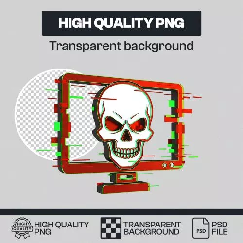 فایل PSD مانیتور کامپیوتر با تهدید سایبری و جمجمه 29883