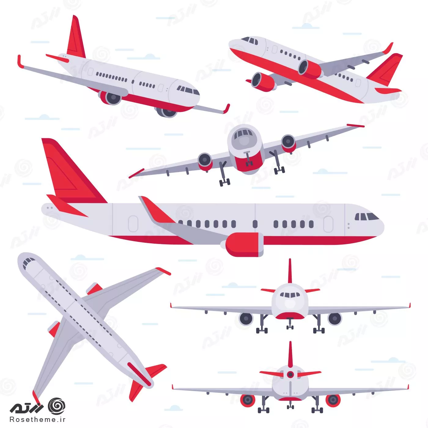 وکتور EPS لایه باز طرح گرافیکی هواپیما با تم سفید و قرمز در زوایای مختلف 21983