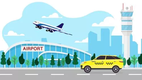 وکتور EPS لایه باز طرح گرافیکی هواپیما در فرودگاه و تاکسی زرد 21991